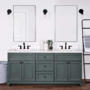 Mossy green bathroom vanity with double sink