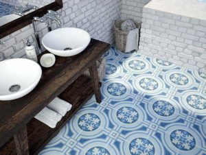 Above view of bathroom with blue mosaic tile floor
