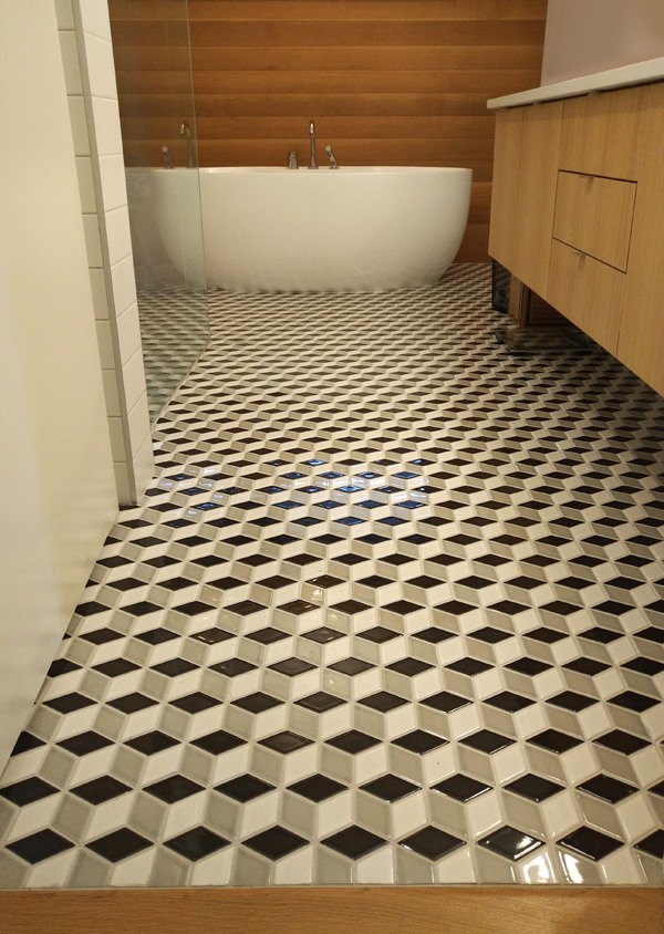 Up close of patterned ceramic bathroom tile